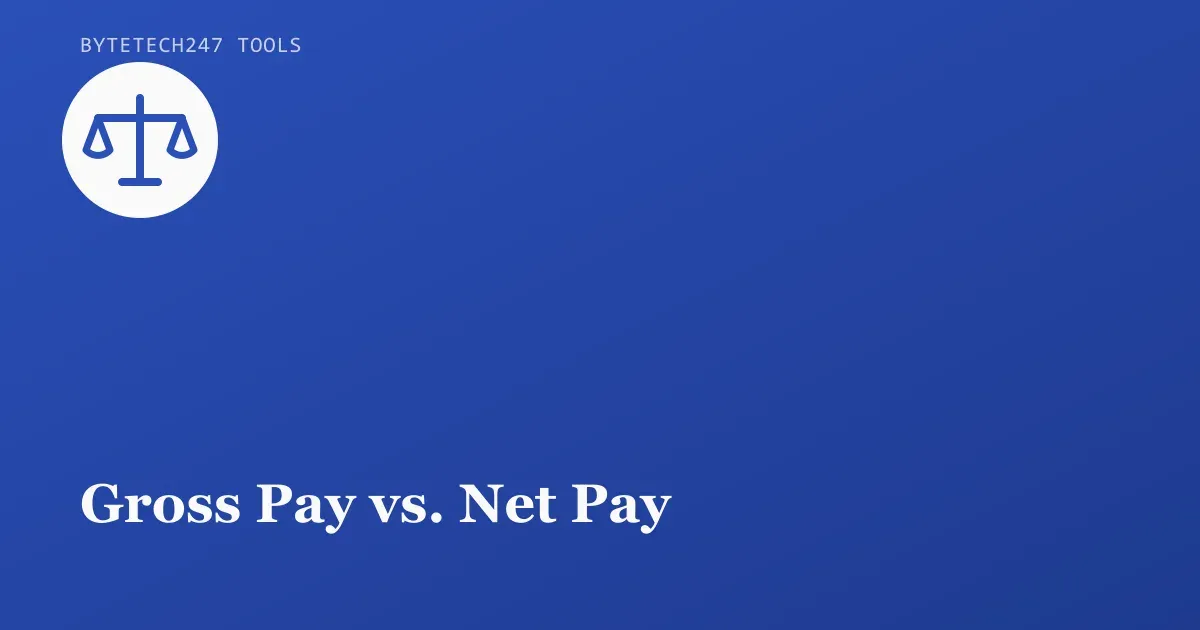 Illustration of a balance scale on a blue ByteTech247 Tools cover graphic representing gross versus net pay.