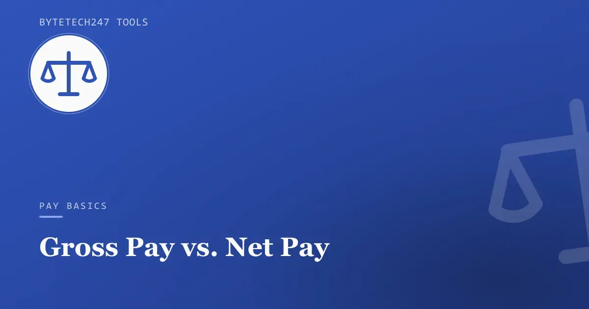 Illustration of a balance scale on a blue ByteTech247 Tools cover graphic representing gross versus net pay.