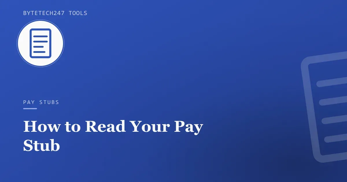 Illustration of a document with lines on a blue ByteTech247 Tools cover graphic representing a pay stub.
