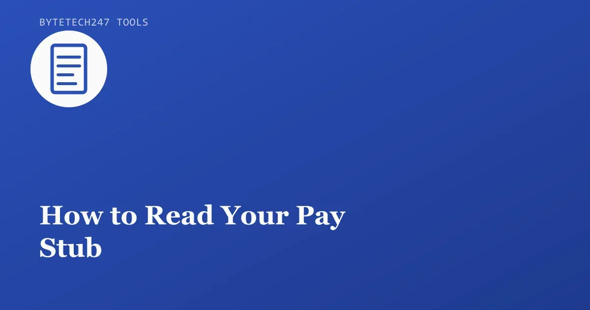 Illustration of a document with lines on a blue ByteTech247 Tools cover graphic representing a pay stub.